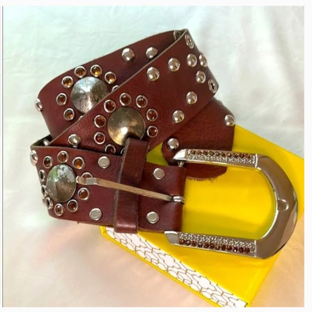 Brown Studded Leather Belt with Decorative Buckle - Unbranded